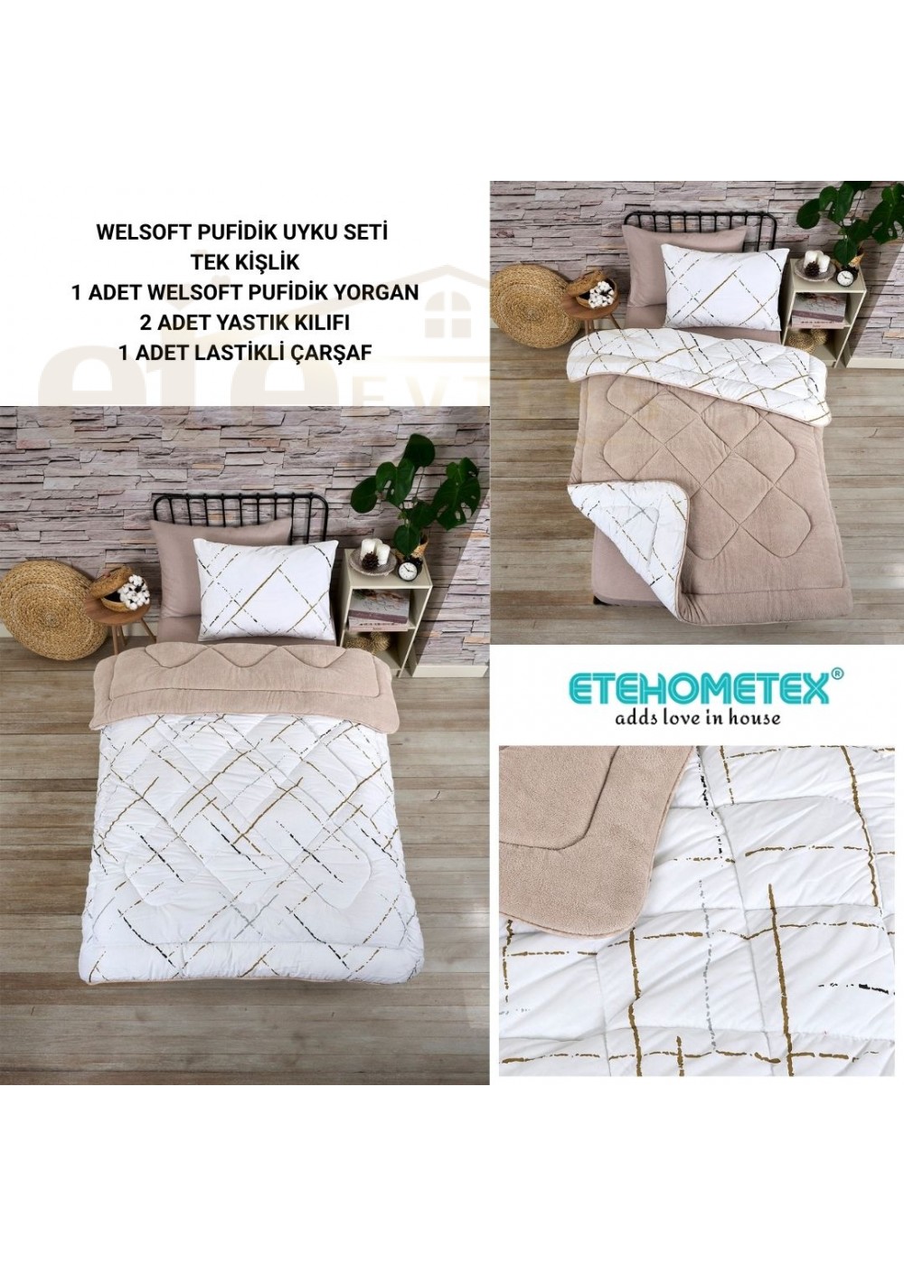 ETE HOMETEX TEK KİŞİLİK WELSOFT UYKU SETİ YANSIMA BEJ 8696474232023